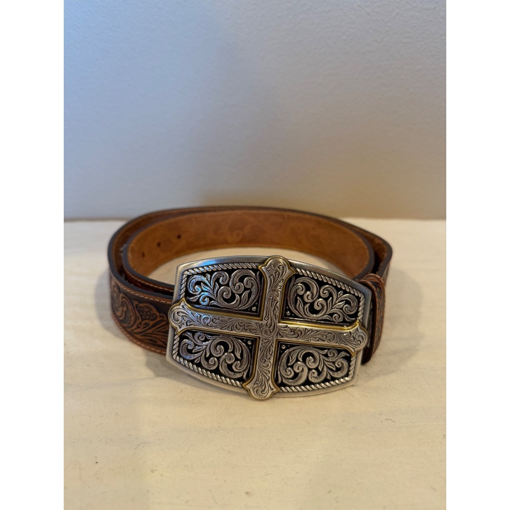 Justin Size 42 Western Tooled Leather Belt with Silver Cross Buckle